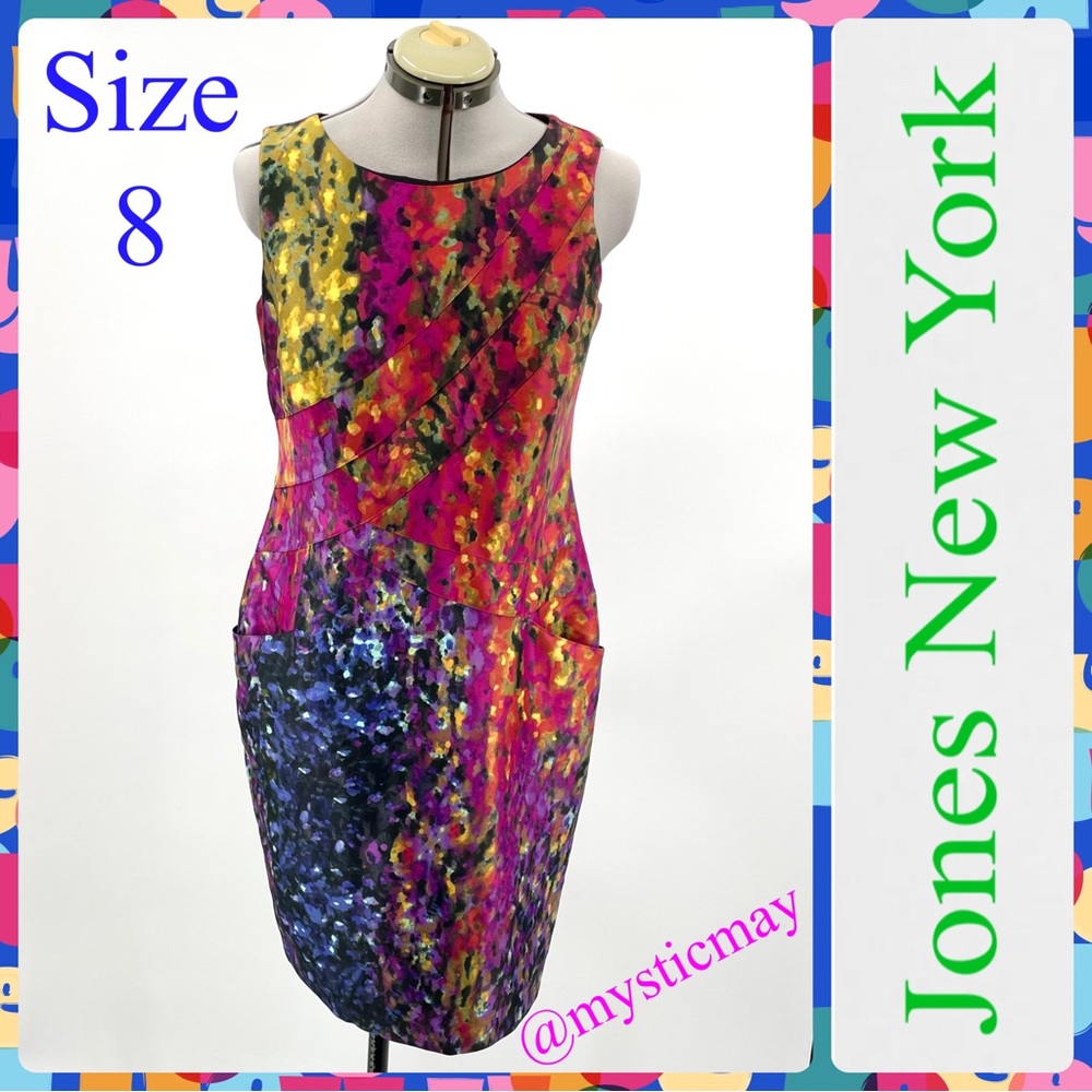 JONES NEW YORK Purple Multicolor Watercolor Print Satin Sheath Dress Size 8 / M